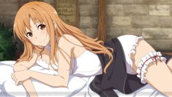Rule 34 | 10s, 1girl, asuna (sao), bed sheet, breasts, brown eyes, brown hair, cleavage, game cg, hair over shoulder, indoors, long hair, looking at viewer, lying, medium breasts, neck garter, official art, on back, pillow, red ribbon, ribbon, smile, solo, sword art online, sword art online: hollow fragment, sword art online: hollow realization, thigh strap, tunic, watermark