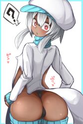 Rule 34 | 1girl, :o, ?, ass, ass curtain, black panties, blue border, blue thighhighs, blush, border, cabbie hat, commentary request, covered erect nipples, cowboy shot, dark-skinned female, dark skin, flat chest, hat, heart, highres, kiwami-chan, kiwami-highlow, long sleeves, looking at viewer, looking back, medium hair, open mouth, outside border, panties, red eyes, redrose214, revealing clothes, sidelocks, simple background, solo, spoken question mark, thighhighs, thong, underwear, white background, white hair, white hat