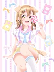 Rule 34 | 1girl, absurdres, alternate hairstyle, animal ears, aqua bow, aqua neckwear, artist name, artist request, bare shoulders, blush, bow, braid, breasts, brown eyes, brown hair, candy, cowboy shot, dog ears, dog tail, female focus, food, hair between eyes, hair bow, highres, holding, holding candy, holding food, kunikida hanamaru, light brown hair, long hair, looking at viewer, love live!, love live! school idol festival, love live! sunshine!!, matching hair/eyes, nico (pixiv7788378), pants, parted lips, pink sailor collar, puffy short sleeves, puffy sleeves, sailor collar, shirt, short hair, short sleeves, shorts, sitting, small breasts, smile, solo, tail, twin braids, twintails, white legwear, white shirt, yellow bow, yellow eyes, yellow pants, yellow shorts