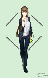 Rule 34 | 1girl, absurdres, alternate costume, bad id, bad pixiv id, belt, black footwear, black jacket, blue pants, bracelet, breasts, brown eyes, brown hair, casual, cellphone, closed mouth, collarbone, expressionless, full body, girls&#039; frontline, green background, green hair, hair between eyes, hand on own chin, hand up, highres, holding, holding phone, jacket, jewelry, junexp, long hair, long sleeves, looking up, m4a1 (girls&#039; frontline), medium breasts, multicolored hair, open clothes, open jacket, pants, phone, ring, shirt, shoes, sidelocks, signature, sleeves pushed up, smartphone, solo, standing, streaked hair, twitter username, white shirt, wing collar