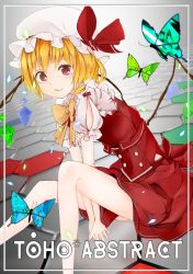 Rule 34 | 1girl, adapted costume, blonde hair, bug, butterfly, copyright name, crystal, dutch angle, english text, fangs, flandre scarlet, hat, hat ribbon, insect, looking at viewer, mob cap, open mouth, puffy sleeves, radiosity (yousei), red eyes, ribbon, shirt, short hair, short sleeves, side ponytail, sitting, skirt, skirt set, smile, solo, text focus, touhou, vest, wings