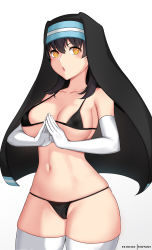 Rule 34 | 1girl, :o, absurdres, bikini, black bikini, black hair, black veil, breasts, cameltoe, collarbone, cowboy shot, elbow gloves, en&#039;en no shouboutai, fingers together, gloves, highres, hioyami, large breasts, looking at viewer, medium hair, navel, nun, open mouth, own hands together, patreon username, simple background, skindentation, slit pupils, solo, stomach, swimsuit, tamaki kotatsu, veil, white background, white gloves, wide hips, yellow eyes