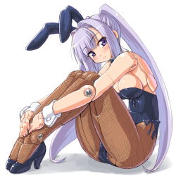Rule 34 | 10s, 1girl, animal ears, bad id, bad pixiv id, bare shoulders, blush, busou shinki, dd (ijigendd), doll joints, fishnet pantyhose, fishnets, full body, high heels, joints, leotard, light purple hair, long hair, looking at viewer, pantyhose, playboy bunny, ponytail, purple eyes, sharatang, sharatang (busou shinki), shoes, simple background, sitting, smile, solo, very long hair, white background, wrist cuffs