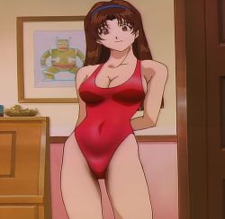 Rule 34 | 1990s (style), 1girl, anime screenshot, arms behind back, bare shoulders, breasts, brown eyes, brown hair, cleavage, contrapposto, cowboy shot, door, female focus, framed picture, golden boy, hair ornament, hairband, highleg, highleg swimsuit, highres, indoors, katsuda naoko, large breasts, long hair, looking at viewer, matching hair/eyes, one-piece swimsuit, red one-piece swimsuit, retro artstyle, robot, screencap, sideboob, smile, solo, standing, stitched, swimsuit, thigh gap, thighs, third-party edit