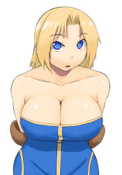Rule 34 | 1girl, arms behind back, bad id, bad pixiv id, bare shoulders, blonde hair, blue eyes, breasts, cleavage, collarbone, female focus, final fantasy, final fantasy tactics, large breasts, leaning forward, looking at viewer, monk, monk (fft), open mouth, short hair, simple background, skindentation, solo, tsukudani (coke-buta), white background