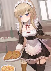 Rule 34 | 1girl, absurdres, ak74m (girls&#039; frontline), apron, black dress, black garter straps, black thighhighs, blonde hair, blue eyes, breasts, detached collar, dress, food, frilled apron, frilled dress, frills, garter straps, girls&#039; frontline, hair ornament, highres, holding, holding plate, holding tray, juliet sleeves, long hair, long sleeves, maid, maid apron, maid headdress, medium breasts, neck ribbon, plate, puffy sleeves, red ribbon, ribbon, short dress, simobulanka, smile, snowflake hair ornament, solo, thighhighs, tray, waist apron, waitress, white apron