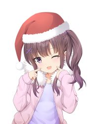 Rule 34 | 1girl, blunt bangs, brown hair, christmas, fingers to cheeks, fur collar, gradient hair, hair ornament, hair tie, hat, highres, jacket, long sleeves, looking at viewer, multicolored hair, one eye closed, open mouth, original, pink jacket, ponytail, purple hair, purple shirt, santa hat, shirt, side ponytail, simple background, sleeves past wrists, solo, sony kisaragi, upper body, white background, x hair ornament
