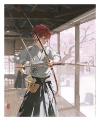 Rule 34 | 1boy, archery, arrow (projectile), between fingers, black hakama, border, bow (weapon), ceiling, cherry blossoms, closed mouth, cowboy shot, day, ensemble stars!, gloves, hakama, highres, holding, holding arrow, holding bow (weapon), holding weapon, indoors, japanese clothes, kyuudou, light particles, looking away, male focus, petals, red hair, short hair, short sleeves, shuyu08382645, sideways glance, single glove, solo, solo focus, standing, suou tsukasa, tree, veranda, weapon, wind, wooden floor
