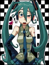 Rule 34 | 1girl, aqua hair, bare shoulders, blue eyes, blush, body blush, breasts, checkered background, detached sleeves, hand on own hip, hatsune miku, headphones, heart, heart on chest, long hair, necktie, open mouth, skirt, solo, tegaki, twintails, uneven eyes, vocaloid