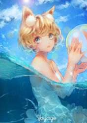 Rule 34 | 1girl, absurdres, animal ears, ball, beachball, blonde hair, blue eyes, day, eyebrows, fox ears, highres, lens flare, lips, looking at viewer, one-piece swimsuit, original, parted lips, partially submerged, partially underwater shot, sai ichirou, short hair, slit pupils, solo, sparkle, swimming, swimsuit, swimsuit skirt, underwater, water, white one-piece swimsuit, ||/