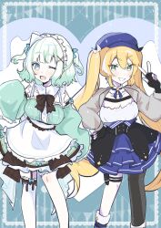 Rule 34 | 2girls, apron, asymmetrical legwear, black gloves, black pantyhose, black ribbon, blonde hair, blue choker, blue eyes, blue hat, blue ribbon, blue skirt, blunt bangs, bow, bowtie, brown bow, brown bowtie, choker, commentary, cropped jacket, detached sleeves, dokibird (vtuber), dress, earrings, feet out of frame, fingerless gloves, garter straps, gloves, green dress, green eyes, green hair, green sleeves, grey jacket, grin, hair between eyes, hair ornament, hair ribbon, hairclip, hand on own hip, hand up, hat, highres, indie virtual youtuber, jacket, jewelry, long hair, long sleeves, looking at viewer, maid headdress, mint fantome, multiple girls, one eye closed, open mouth, pantyhose, pouch, ribbon, shirt, short hair, side-by-side, single leg pantyhose, single thighhigh, skirt, sleeveless, sleeveless dress, sleeves past fingers, sleeves past wrists, smile, sparkle, standing, star (symbol), star choker, symbol-only commentary, thigh pouch, thigh strap, thighhighs, touru (eo 052605), twintails, twitter username, two side up, v, virtual youtuber, waist apron, white apron, white ribbon, white shirt, white thighhighs, wide sleeves