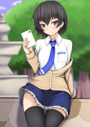 Rule 34 | 1girl, alfort (may0508), black hair, black thighhighs, blue necktie, blush, breasts, cardigan, cellphone, clothes pull, cowboy shot, fountain, highres, looking at viewer, necktie, original, outdoors, phone, purple eyes, school uniform, short hair, skirt, smile, solo, sweater, sweater pull, thighhighs