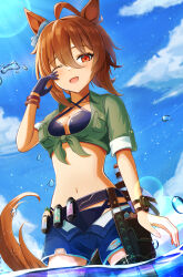 Rule 34 | 1girl, :3, absurdres, agnes tachyon (lunatic lab) (umamusume), agnes tachyon (umamusume), ahoge, animal ears, beach, belt, bikini, black bikini, black footwear, blue sky, breasts, brown belt, brown hair, cleavage, closed mouth, cloud, cloudy sky, commentary request, cowboy shot, criss-cross halter, denim, denim shorts, ear ornament, gloves, green jacket, grin, hair between eyes, halterneck, hand on own chin, highres, holding sandals, horse ears, horse girl, horse tail, jacket, looking at viewer, medium breasts, medium hair, navel, ocean, official alternate costume, open clothes, open fly, open shorts, outdoors, red eyes, shorts, single glove, sky, sleeves rolled up, smile, solo, swimsuit, tail, tied jacket, umamusume, water, wristband, yorikotohachiyo