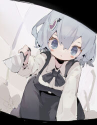 Rule 34 | 1girl, absurdres, all fours, black bow, black bowtie, black dress, blue eyes, blue hair, blush, bow, bowtie, breasts, collared shirt, dated commentary, dress, hair ornament, hand up, heart, heart hair ornament, highres, holding, holding knife, knife, long sleeves, looking at viewer, medium breasts, medium hair, nep (nep 76), original, pinafore dress, pov, shirt, sleeveless, sleeveless dress, solo, upper body, white shirt
