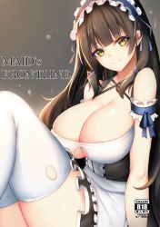 Rule 34 | 1girl, alternate costume, apron, arm garter, arm support, black hair, blush, breasts, chixiao, cleavage, cleavage cutout, closed mouth, clothing cutout, collarbone, cover, enmaided, frills, girls&#039; frontline, hair ribbon, head tilt, knees up, large breasts, legs together, long hair, looking at viewer, maid, maid headdress, ribbon, simple background, sitting, skindentation, skirt, smile, solo, thighhighs, thighs, tress ribbon, type 95 (girls&#039; frontline), very long hair, yellow eyes