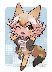 Rule 34 | 1girl, animal ears, blonde hair, blue background, camisole, coyote (kemono friends), extra ears, full body, gloves, highres, jacket, kemono friends, kemono friends v project, kneehighs, looking at viewer, mugise hitsuji, one eye closed, shoes, short hair, simple background, skirt, smile, socks, solo, tail, virtual youtuber, wolf ears, wolf girl, wolf tail, yellow eyes
