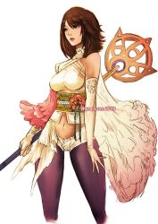 Rule 34 | 1girl, bare shoulders, black pantyhose, breasts, brown hair, cape, cowboy shot, elbow gloves, final fantasy, final fantasy x, gloves, hair between eyes, halterneck, holding, holding staff, looking to the side, medium breasts, medium hair, midriff, navel, obi, pantyhose, redesign, sash, shirt, short shorts, shorts, sleeveless, sleeveless shirt, solo, staff, vhyrel, watermark, web address, white background, white cape, white gloves, white shorts, yuna (ff10)