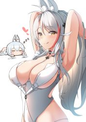 Rule 34 | 2girls, absurdres, animal ear fluff, animal ears, armpits, arms behind head, arms up, azur lane, bare arms, bare shoulders, braid, breasts, brown eyes, chibi, cleavage, closed eyes, commentary request, cosplay, fake animal ears, hair between eyes, hairband, heart, highres, large breasts, le malin (azur lane), le malin (listless lapin) (azur lane), le malin (listless lapin) (azur lane) (cosplay), leotard, long hair, lying, moyoron, multicolored hair, multiple girls, nude, on stomach, parted bangs, prinz eugen (azur lane), rabbit ears, red hair, silver hair, simple background, streaked hair, very long hair, white background, white hairband, white leotard, zzz