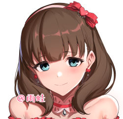 Rule 34 | 1girl, blue eyes, blush, bow, bow earrings, brown hair, closed mouth, earrings, hair bow, hairband, highres, idolmaster, idolmaster cinderella girls, jewelry, looking at viewer, medium hair, portrait, red bow, sakuma mayu, simple background, smile, solo, ulrich (tagaragakuin), white background