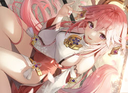 Rule 34 | 1girl, :d, absurdres, animal ears, animal ears (norankkori), bare shoulders, breasts, detached sleeves, dutch angle, earrings, fox ears, fox girl, fox shadow puppet, fox tail, genshin impact, hair ornament, highres, japanese clothes, jewelry, large breasts, long hair, long sleeves, looking at viewer, open mouth, pink hair, purple eyes, sideboob, sitting, smile, solo, tail, tassel, tatami, thighs, yae miko