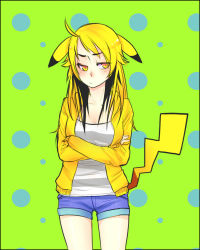 Rule 34 | 1girl, angry, animal ears, black hair, blonde hair, blue theme, blush, breasts, creatures (company), crossed arms, female focus, game freak, gen 1 pokemon, jacket, looking away, nintendo, open clothes, open jacket, personification, pikachu, pokemon, solo, tail, yellow eyes