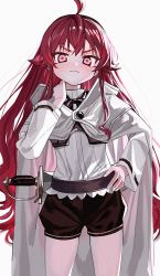 Rule 34 | 1girl, ahoge, black hairband, black shorts, blush, cape, closed mouth, eris greyrat, grey background, hairband, hand on own hip, highres, long sleeves, looking at viewer, luicent, mushoku tensei, pink eyes, red hair, shorts, simple background, solo, standing, thighs, white cape