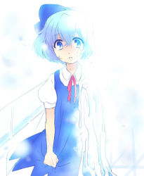 Rule 34 | 1girl, blue eyes, blue hair, chigo, cirno, death, dress, dying, female focus, gradient background, matching hair/eyes, melting, ribbon, sad, short hair, solo, sunlight, tears, touhou, white background, wings