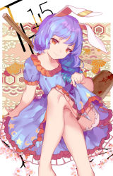 Rule 34 | 1girl, ambiguous red liquid, animal ears, bare legs, blood, bloody weapon, bloomers, blue dress, blue hair, clothes lift, copyright name, crossed legs, dress, dress lift, kine, knees, knife, legacy of lunatic kingdom, legs, mallet, puffy short sleeves, puffy sleeves, rabbit ears, red eyes, reeh (yukuri130), seiran (touhou), short sleeves, skirt, skirt lift, smile, solo, stain, thigh strap, throwing knife, touhou, underwear, weapon