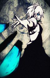 Rule 34 | 1girl, blue eyes, bow, clock, film grain, foreshortening, from side, green bow, izayoi sakuya, knife, maid headdress, monochrome, outstretched arms, short hair, sidelocks, smoke, solo, spot color, tabazi, throwing knife, touhou, weapon