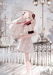 Rule 34 | 1girl, bare legs, building, closed mouth, commentary request, dress, falling petals, feet out of frame, flower, grass, grey eyes, hair flower, hair ornament, hair over one eye, highres, isekai joucho, kamitsubaki studio, lamppost, long hair, looking at viewer, outdoors, petals, qtonagi, railing, red flower, short sleeves, solo, virtual youtuber, white dress, white hair