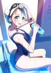 Rule 34 | 1girl, absurdres, artist logo, ass, bench, blue eyes, blue one-piece swimsuit, bottle, breasts, brown hair, goggles, goggles on head, highres, medium breasts, one-piece swimsuit, open mouth, original, pancake (pocket domori), school swimsuit, sitting, smile, solo, swim cap, swimsuit, teeth, upper teeth only, white headwear
