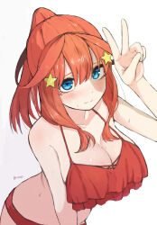 Rule 34 | 1girl, artist name, bikini, blue eyes, blush, body blush, bracelet, breasts, cleavage, closed mouth, collarbone, double-parted bangs, frilled bikini, frills, go-toubun no hanayome, hair ornament, hand up, highres, irarei (araisanblog), jewelry, large breasts, long hair, looking at viewer, nakano itsuki, ponytail, red bikini, red hair, shadow, simple background, smile, solo, star (symbol), star hair ornament, swimsuit, twitter username, v, watermark, white background