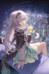 1girl absurdres aqua_skirt black_hairband closed_mouth cropped_jacket firefly_(honkai:_star_rail) floating_hair grey_hair hair_between_eyes hairband highres hong_kong honkai:_star_rail honkai_(series) long_sleeves looking_at_viewer neckerchief night night_sky outdoors seo_pport shirt shooting_star sitting skirt sky smile solo star_(sky) starry_sky white_shirt yellow_neckerchief