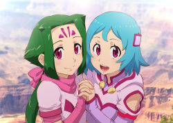 Rule 34 | 2girls, closed mouth, crossover, detached sleeves, facial mark, fiona (zoids), forehead mark, green hair, hair ribbon, long hair, looking at viewer, multiple girls, open mouth, ponytail, red eyes, ribbon, short hair, smile, ueyama michirou, very long hair, zoids, zoids chaotic century, zoids wild