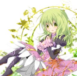Rule 34 | 1girl, bad id, bad pixiv id, boots, elize lutus, frills, green eyes, green hair, long hair, looking at viewer, matching hair/eyes, nana kusun, open mouth, purple footwear, solo, tales of (series), tales of xillia