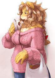 Rule 34 | 1girl, aran sweater, body fur, breasts, brown eyes, brown hair, cable knit, carrying, cleavage, dog, eating, female focus, from side, furry, furry female, gradient background, hair ribbon, long hair, open mouth, ribbon, setouchi kurage, snout, solo, sweater, wavy hair, white background