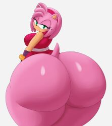 Rule 34 | 1girl, absurdres, amy rose, ass, ass focus, bare shoulders, blush, bottomless, bracelet, from behind, furry, green eyes, headband, hedgehog, hedgehog ears, hedgehog tail, highres, huge ass, jewelry, looking at viewer, looking back, mechspazer, short hair, sleeveless, smile, solo, sonic (series), sonic boom (series), thick thighs, thighs, white background, wide hips