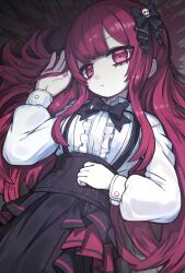 Rule 34 | 1girl, black bow, black bowtie, black corset, black skirt, blood, blood on ground, blunt bangs, bow, bowtie, closed mouth, collared shirt, commentary, corset, from above, hair bow, highres, ketopon, layered skirt, long hair, long skirt, looking at viewer, lying, on back, original, red eyes, red hair, shirt, skirt, symbol-only commentary, upper body, white shirt