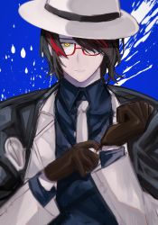 Rule 34 | 1boy, adjusting clothes, adjusting gloves, arknights, black cape, black hair, blue background, blue shirt, blue vest, brown gloves, cape, closed mouth, collared shirt, glasses, gloves, gnosis (arknights), gnosis (elite ii) (arknights), hands up, hat, highres, jacket, long sleeves, looking at viewer, male focus, multicolored hair, necktie, open clothes, open jacket, red-framed eyewear, red hair, semi-rimless eyewear, senjou no pentsu, shirt, simple background, solo, streaked hair, under-rim eyewear, upper body, vest, white hat, white jacket, white necktie, yellow eyes