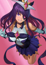 Rule 34 | 1girl, bare shoulders, breasts, choker, elbow gloves, eyepatch, facial mark, gloves, headdress, lasterk, league of legends, long hair, looking at viewer, magical girl, medium breasts, parted lips, pink background, purple eyes, purple hair, skirt, smile, solo, star guardian (league of legends), star guardian syndra, syndra, white gloves