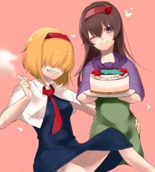 Rule 34 | 2girls, alice margatroid, birthday cake, blonde hair, blue dress, breasts, brown hair, cake, capelet, cigarette, closed mouth, collared capelet, commentary request, cookie (touhou), dare who zzzz, dress, feet out of frame, food, food-themed hair ornament, fruit, green dress, grin, hair between eyes, hair ornament, hair over eyes, hairband, hand on another&#039;s waist, happy birthday, heart, highres, holding, holding tray, ichigo (cookie), jigen (cookie), long hair, looking at viewer, medium breasts, multiple girls, necktie, one eye closed, pink background, purple capelet, purple eyes, red hairband, red necktie, short hair, smile, smoking, strawberry, strawberry hair ornament, touhou, tray, white capelet