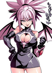 Rule 34 | 1girl, black dress, black gloves, breasts, cleavage cutout, clenched hand, clothing cutout, copyright name, covered erect nipples, cowboy shot, demon wings, detached sleeves, dress, elbow gloves, gloves, gluteal fold, hand on own hip, komori aimi, large breasts, looking at viewer, pink eyes, shadow lady, shadow lady (character), sleeveless, sleeveless dress, solo, thick thighs, thighs, tongue, tongue out, translation request, tukiwani, white background, wings