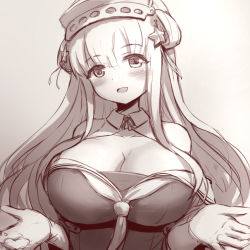 Rule 34 | 1girl, :d, blush, breasts, cleavage, cleavage cutout, clothing cutout, fletcher (kancolle), gloves, hair ornament, headgear, hhh (wave), kantai collection, large breasts, long hair, looking at viewer, monochrome, neckerchief, off shoulder, open mouth, shirt, smile, star (symbol), star hair ornament, upper body
