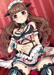 Rule 34 | 1girl, animal ears, arm scrunchie, bare shoulders, bell, black bra, black skirt, black thighhighs, blue ribbon, blunt bangs, blurry, blurry foreground, blush, bra, breasts, brown hair, choker, cleavage, closed mouth, collar, cowbell, cream, cream on body, cup, detached collar, dot nose, fake animal ears, fake horns, food, frilled bra, frills, fruit, horns, idolmaster, idolmaster cinderella girls, idolmaster cinderella girls starlight stage, kamiya nao, kei s01, long hair, looking at viewer, medium breasts, midriff, mint, navel, neck bell, nut (food), parfait, pleated skirt, red background, red eyes, revealing clothes, ribbon, ribbon-trimmed clothes, ribbon choker, ribbon trim, scrunchie, sheep ears, sheep horns, shy, sitting, skirt, solo, spilling, spread navel, strawberry, strawberry slice, striped, striped background, sweatdrop, thick eyebrows, thighhighs, underwear, v-shaped eyebrows, white collar, white headdress, wrist ribbon, wrist scrunchie, zettai ryouiki