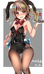 Rule 34 | 10s, 1girl, animal ears, black pantyhose, blush, bow, bowtie, breasts, brown eyes, brown hair, character name, cup, detached collar, drill hair, drinking glass, fake animal ears, glass, highres, idolmaster, idolmaster cinderella girls, leotard, light brown hair, morikubo nono, pantyhose, playboy bunny, rabbit ears, red bow, red bowtie, short hair, small breasts, solo, taki (takimon), tray, wine glass, wrist cuffs