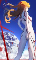 1girl, absurdres, ass, bangs, blue sky, bodysuit, breasts, closed mouth, cloud, cloudy sky, commentary request, evangelion: 3.0+1.0 thrice upon a time, eyebrows visible through hair, gloves, hair ornament, hand up, highres, huge filesize, interface headset, long hair, long sleeves, looking away, medium breasts, neon genesis evangelion, orange hair, plugsuit, rebuild of evangelion, shiny, shiny hair, simple background, skin tight, sky, solo, soryu asuka langley, takom, tied hair, white bodysuit