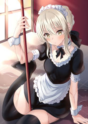 Rule 34 | 1girl, alternate costume, apron, artoria pendragon (all), artoria pendragon (fate), bad id, bad pixiv id, black dress, black ribbon, black thighhighs, blonde hair, blush, braid, breasts, choker, closed mouth, dress, enmaided, fate/stay night, fate (series), french braid, frilled choker, frills, hair between eyes, hair ribbon, harimoji, long hair, looking at viewer, maid, maid headdress, mop, neck ribbon, official alternate costume, puffy short sleeves, puffy sleeves, ribbon, saber alter, short sleeves, sidelocks, small breasts, solo, spill, thighhighs, thighs, waist apron, wet, white apron, wrist cuffs, yellow eyes