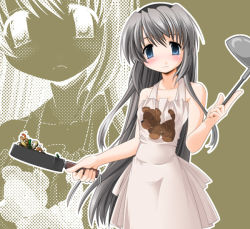 Rule 34 | 00s, apron, blue eyes, blush, clannad, cooking, frown, kei (fortune), ladle, naked apron, sakagami tomoyo, saute pan, silver hair, solo, zoom layer