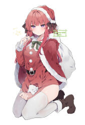 Rule 34 | 1girl, anna (ikeuchi tanuma), bag, belt, black belt, black bow, blunt bangs, blush, boots, bow, brown footwear, capelet, christmas, closed mouth, commentary, dress, dress tug, embarrassed, eyelashes, frown, full body, fur-trimmed capelet, fur trim, gift bag, green ribbon, hair bow, hat, highres, holding, holding bag, ikeuchi tanuma, kneeling, legs together, long hair, looking at viewer, original, pom pom (clothes), purple eyes, red hair, ribbon, santa capelet, santa costume, santa dress, santa hat, sidelocks, simple background, sleeve bow, solo, star (symbol), sweatdrop, thighhighs, thighs, tsurime, twitter username, v-shaped eyebrows, white background, white bow, white thighhighs