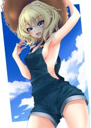 Rule 34 | 1girl, absurdres, alternate costume, arm up, armpits, bare arms, bare shoulders, blonde hair, blue eyes, blue sky, blush, braid, breasts, brown headwear, colorado (kancolle), commentary request, cowboy shot, day, denim, drinking straw, from below, hand on headwear, highres, huge filesize, kantai collection, makura (y makura), naked overalls, outdoors, outside border, overalls, short hair, sideboob, sky, small breasts, solo